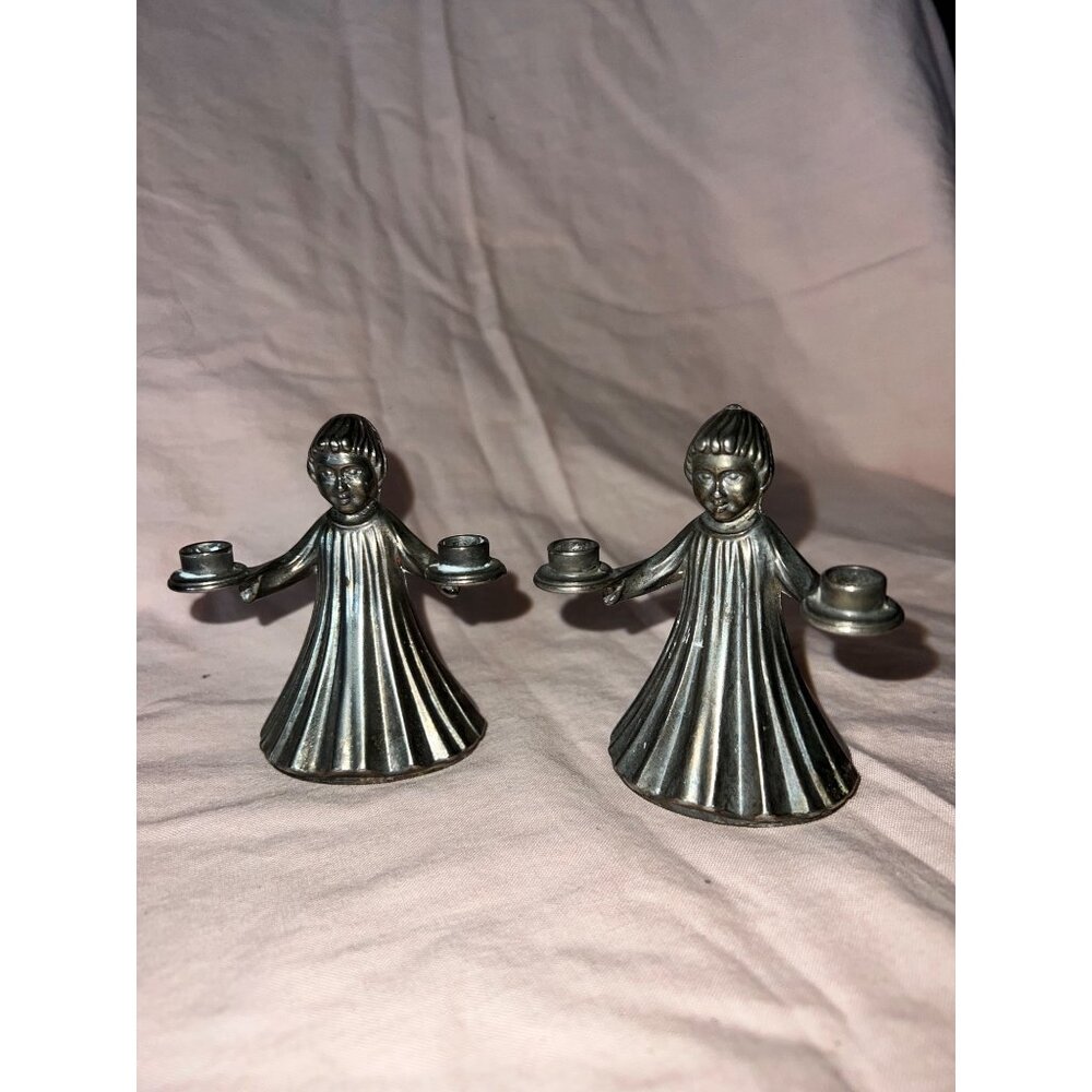 Vintage Pewter Angel Candlestick Holders Pair Decorative Collectible